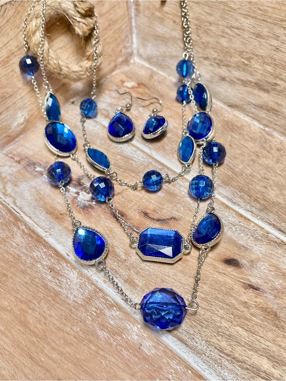 Layered Blue Faceted Stone Necklace and Earring Set